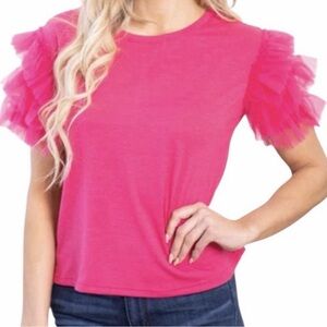 Anthro Pink Tool Ruffle Sleeve Top